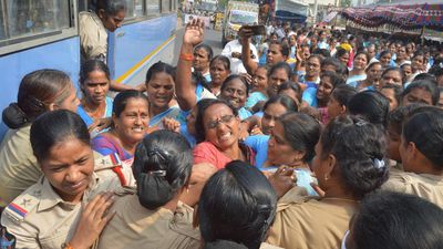 Anganwadi workers demanding regularisation of jobs taken into custody at Dharna Chowk in Vijayawada