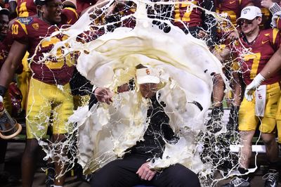 Lincoln Riley soaked in eggnog after USC rolls in Holiday Bowl