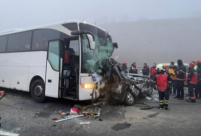 Chain-reaction collision in dense fog on Turkish motorway leaves at least 10 people dead, 57 injured