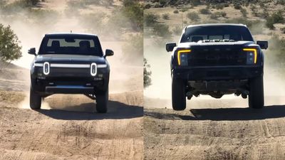 Watch A Rivian R1T Try To Keep Up With A Ford F-150 Raptor R At Over 100 MPH On Dirt