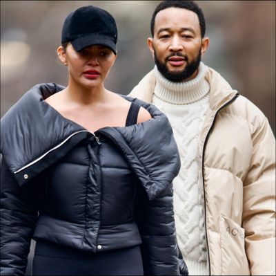 Chrissy Teigen Takes Casual Chic to a New Level With an Off-The-Shoulder Puffy Coat