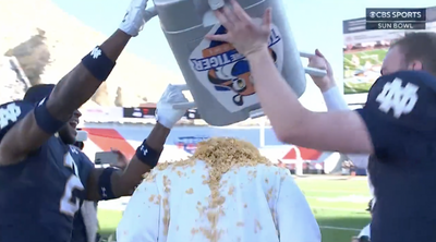 Notre Dame showered Marcus Freeman with a Frosted Flakes bath after Tony the Tiger Sun Bowl win