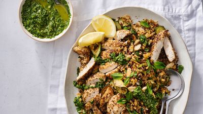 Warm chicken and grain salad with green harissa