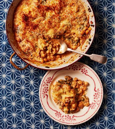 Rukmini Iyer’s quick and easy recipe for spicy chickpea gratin with melted onions and kale