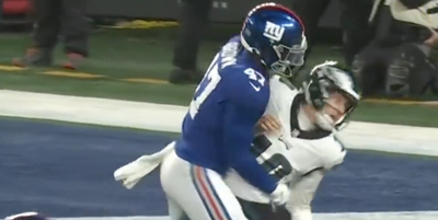 Giants’ Cam Brown hilariously stopped Eagles punter from drawing a roughing call by catching him mid-flop