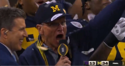 Jim Harbaugh Passes Mic to His Dad for Epic Celebration After Michigan Wins National Championship