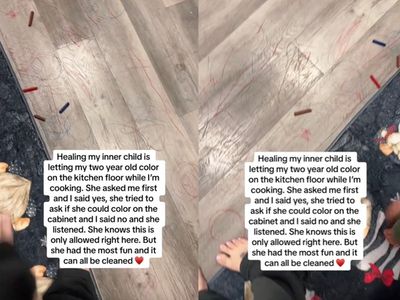 Mother divides opinion after letting her toddler draw on floor because it heals her ‘inner child’