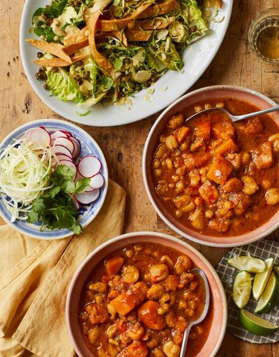 Thomasina Miers’ vegan recipe for chickpea and squash pozole rojo with brussels sprout caesar salad