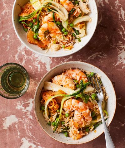 Rukmini Iyer’s quick and easy recipe for kimchi fried rice with peas, prawns and pak choi