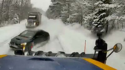 Subaru WRX Sliced In Half After Trying To Pass In Front Of Snow Plow