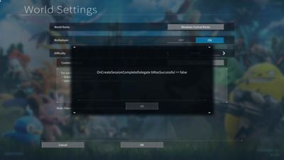 Palworld errors: 'OnCreateSessionComplete Delegate bWasSuccessful == False' and 'Failed to Host Multiplayer Session.' Is there a fix?