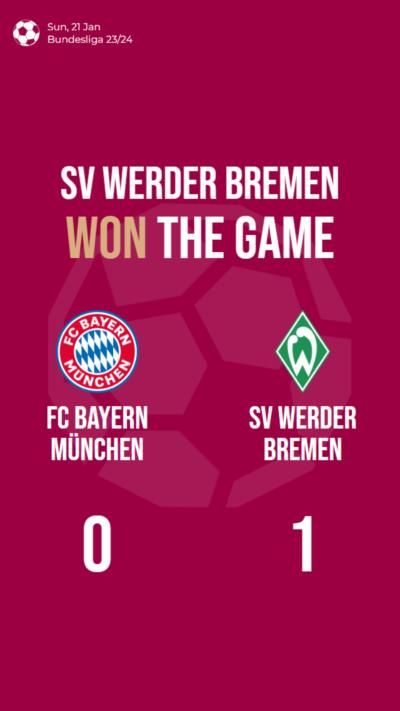 SV Werder Bremen defeats FC Bayern München, securing a 1-0 victory