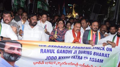 Telangana Congress takes out candle light rally for blocking Rahul Gandhi’s Yatra in Assam