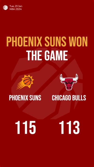 Phoenix Suns defeat Chicago Bulls in a close match, 115-113
