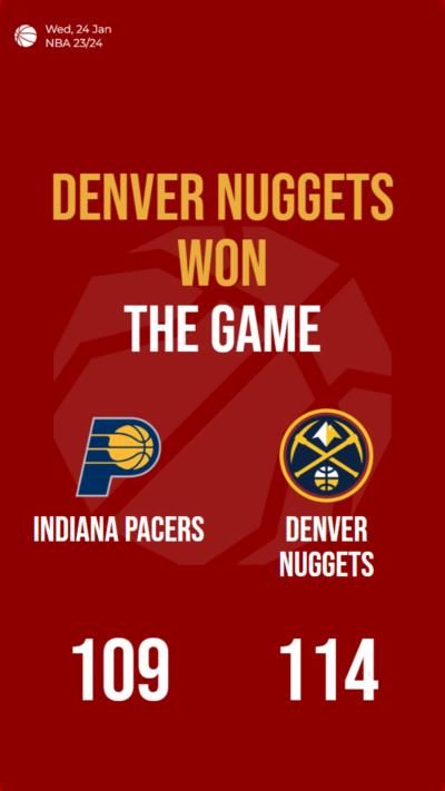 Denver Nuggets defeat Indiana Pacers in NBA match, scoring 114-109