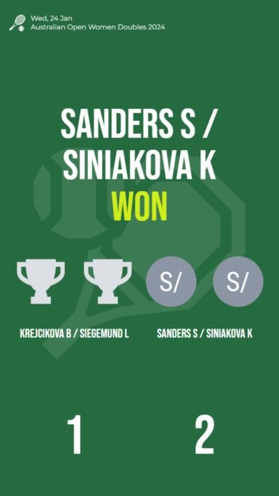 Sanders S / Siniakova K defeat Krejcikova B / Siegemund L in Australian Open Women Doubles Quarterfinal