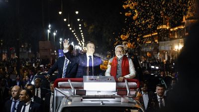 French President Macron joins PM Modi in Jaipur roadshow, gets Ram temple replica as gift