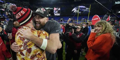 Taylor Swift stepped aside to watch Travis Kelce and Jason Kelce share an emotional post-win hug