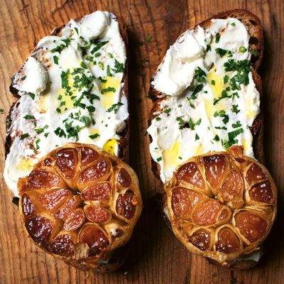 Angela Hartnett’s recipe for confit garlic and goat’s curd toast