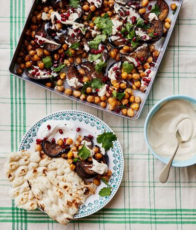 Rukmini Iyer’s quick and easy recipe for roast aubergines, chickpeas and pomegranate