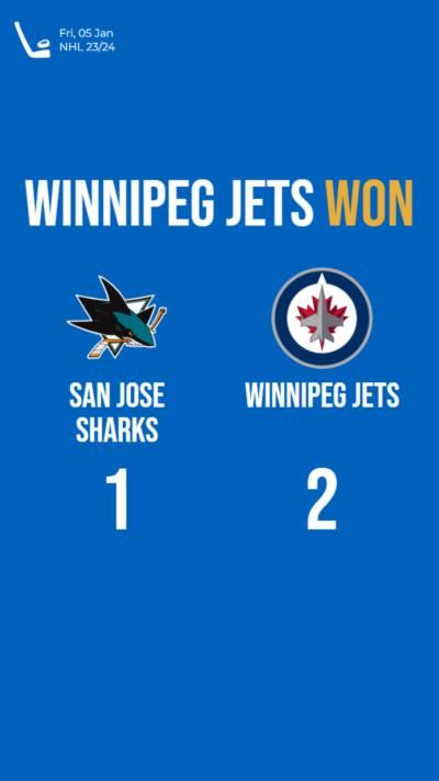 Winnipeg Jets defeat San Jose Sharks 2-1 in NHL match