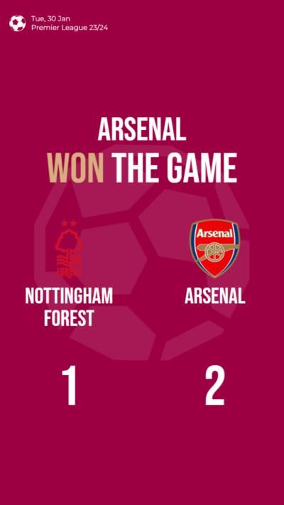 Arsenal secures victory with a 2-1 win against Nottingham Forest