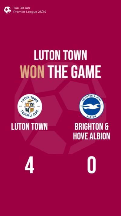 Luton Town dominates Brighton & Hove Albion with a 4-0 victory