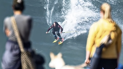 Man uses skis to surf some of the world’s most colossal waves