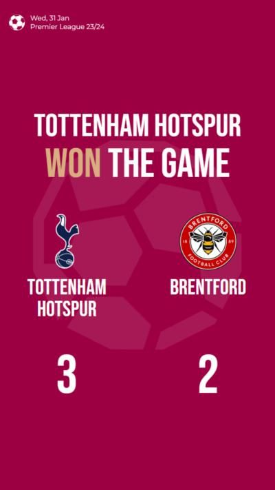 Tottenham Hotspur defeats Brentford 3-2 in Premier League match