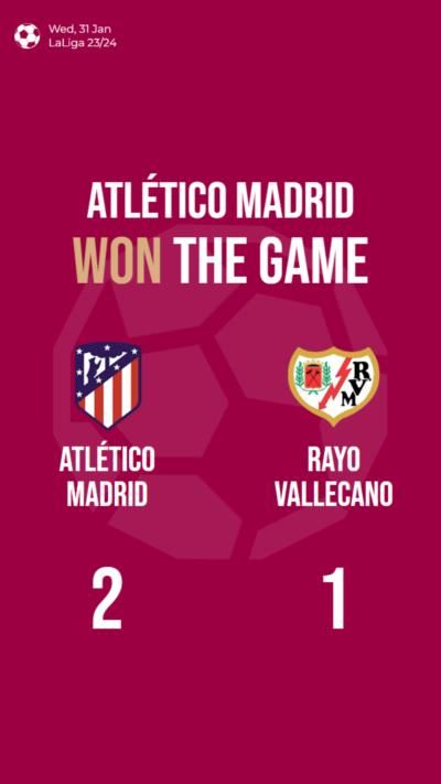 Atlético Madrid defeats Rayo Vallecano with a 2-1 scoreline