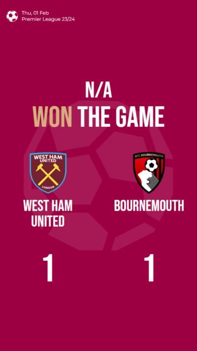 Premier League match ends in a draw between West Ham and Bournemouth