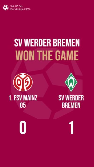 SV Werder Bremen defeats 1. FSV Mainz 05 with 1-0 score