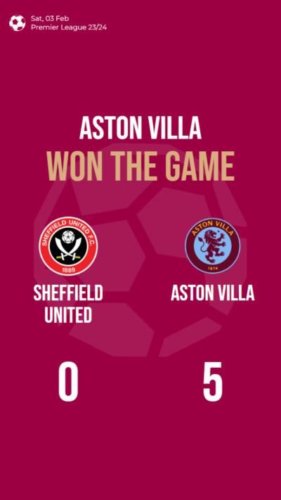 Aston Villa dominates Sheffield United, winning with a 5-0 scoreline