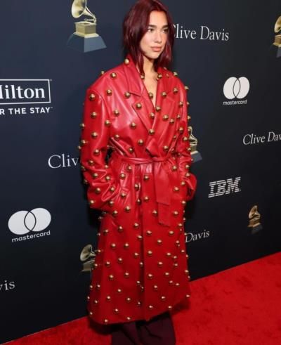 Dua Lipa Dazzles in Mesmerizing Red Coat at Pre-Grammy Party