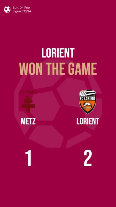 Lorient defeats Metz 2-1 in Ligue 1 match