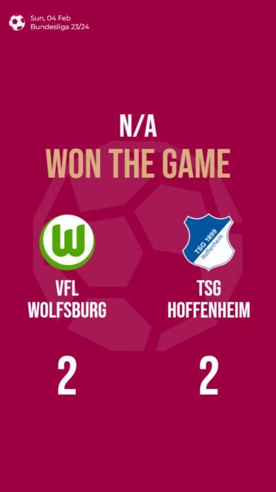 Bundesliga match ends in draw as Wolfsburg and Hoffenheim tie 2-2