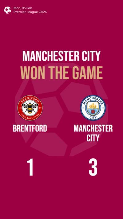 Manchester City defeats Brentford with a 3-1 score in Premier League