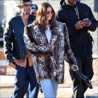 Hailey Bieber Wore the Definition of a Statement Coat to the Super Bowl