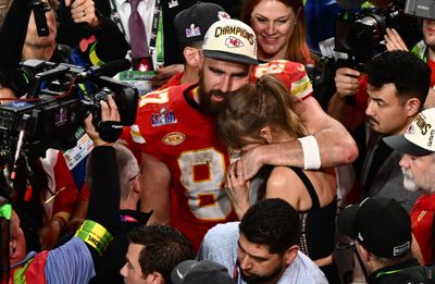 Mics picked up Taylor Swift’s stunned reaction upon seeing Travis Kelce after the Super Bowl