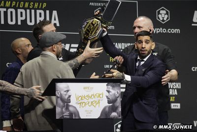 ‘Get your hands off my belt’: Ilia Topuria steals Alexander Volkanovski’s gold at UFC 298 news conference