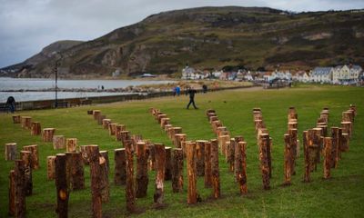 From New York to north Wales: artist’s field of logs recreated on Llandudno beach