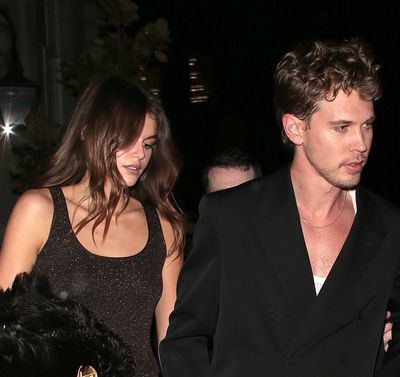 Kaia Gerber Made a Rare Appearance With Austin Butler in a Shimmery Chocolate Brown Dress
