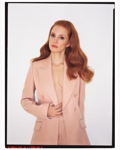 Jessica Chastain Stuns In Peach Pink Suit Photoshoot