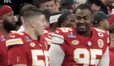 Chris Jones hilariously roped in Chiefs DE George Karlaftis for his usual crying session during the national anthem