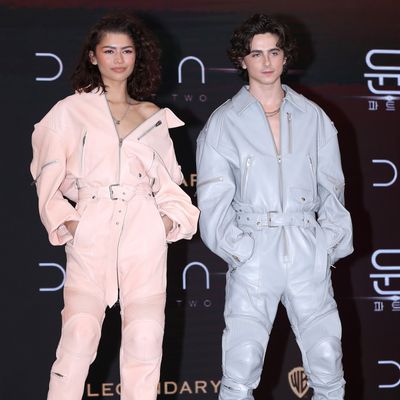 Zendaya and Timothée Chalamet Matched in Moto Leather Jumpsuits While Promoting 'Dune: Part Two'