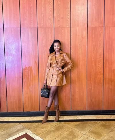 Lesego Chombo Stuns In Fashionable Light Brown Leather Ensemble