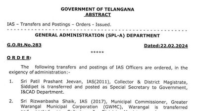 Siddipet collector made special secretary of Irrigation department in a minor reshuffle of IAS officers
