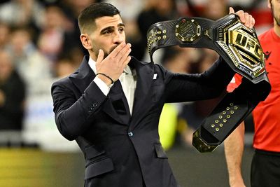 UFC champion Ilia Topuria takes honorary kickoff at Real Madrid’s game vs. Sevilla at the Santiago Bernabeu
