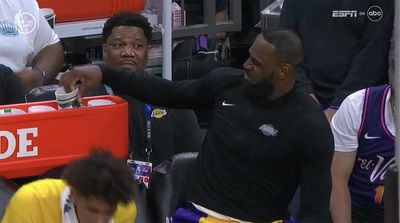 LeBron James Uses Prop on Bench to Reenact Anthony Davis’s Dunk