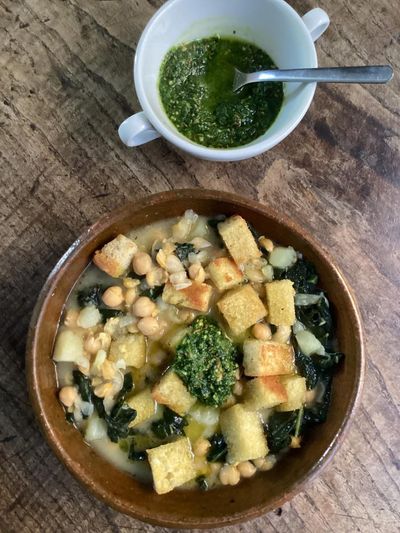 Rachel Roddy’s recipe for chickpea, kale and potato soup with cumin pesto